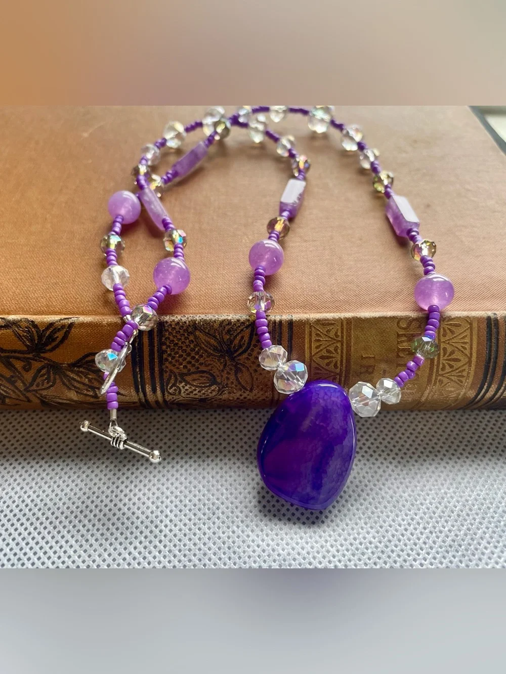Handmade Purple Beaded Pendant Necklace - Elegant Women Jewelry